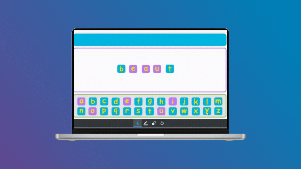 Interactive typing exercise on SMART Board showcasing alphabet layout and partial word completion.