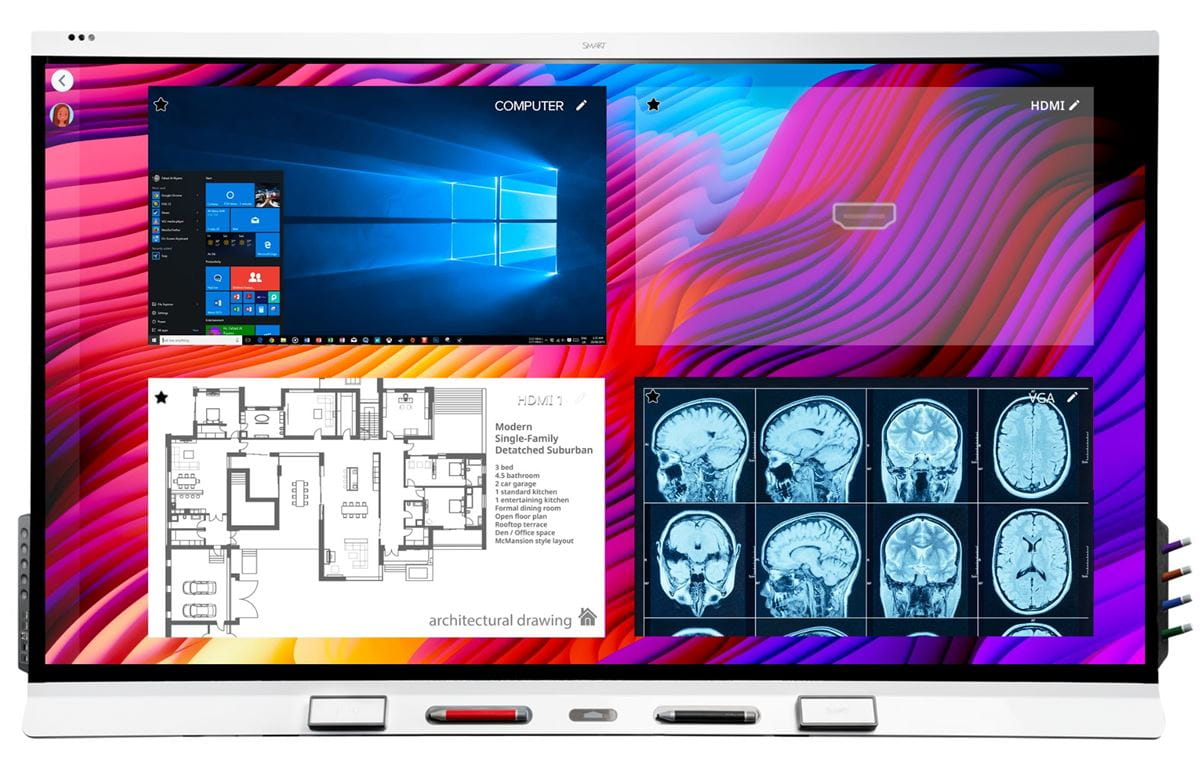 SMART interactive display demonstrating live input preview, switching effortlessly between various professional contents without needing to replug.