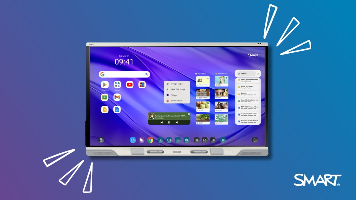 Preview of SMART iQ customizable home screen showcasing recent apps and documents on a SMART Board.