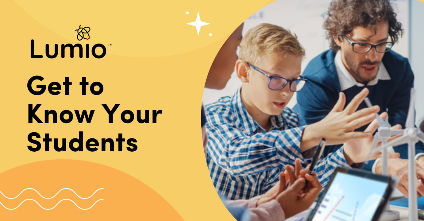 Lumio banner with 'Get to Know Your Students' text and a teacher with students.