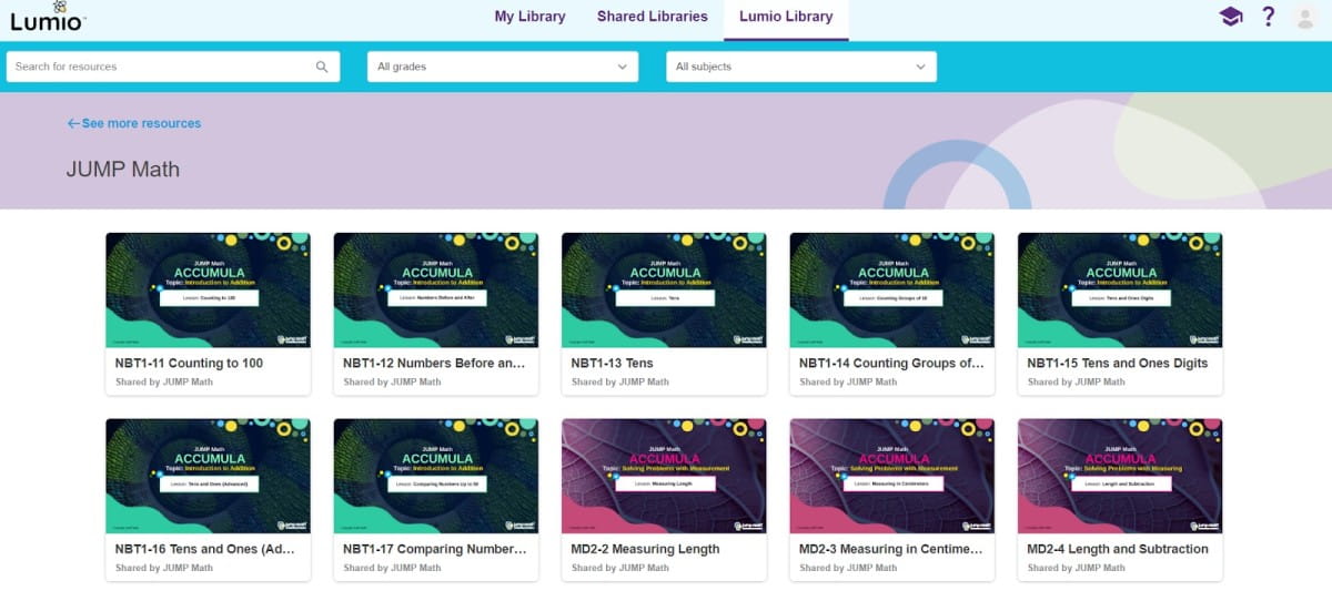 Screenshot of Lumio Library showcasing JUMP Math interactive lessons with various topics on counting, measurement, and subtraction.