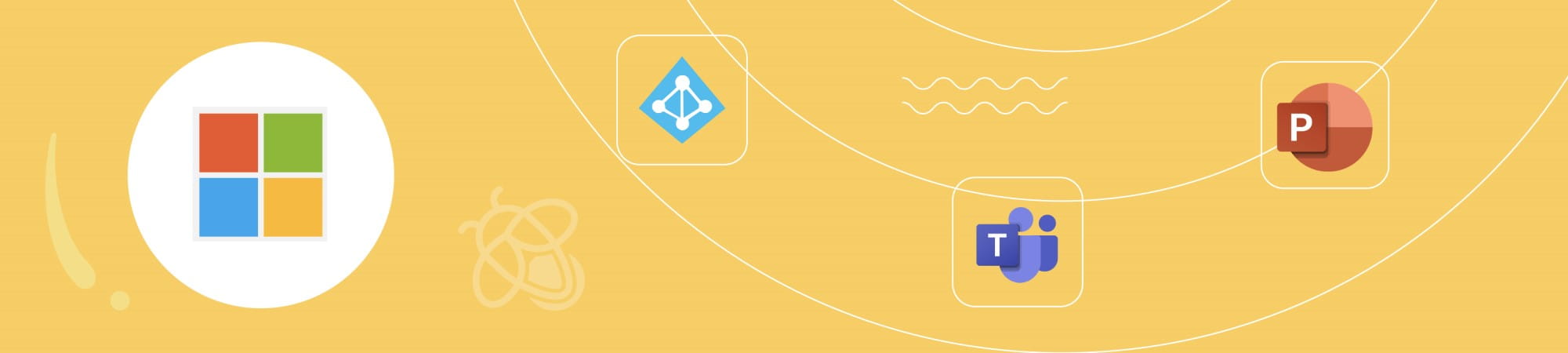 Graphic banner representing Lumio's compatibility with Microsoft products including Windows, Azure, Teams, and PowerPoint on a vibrant yellow backdrop.