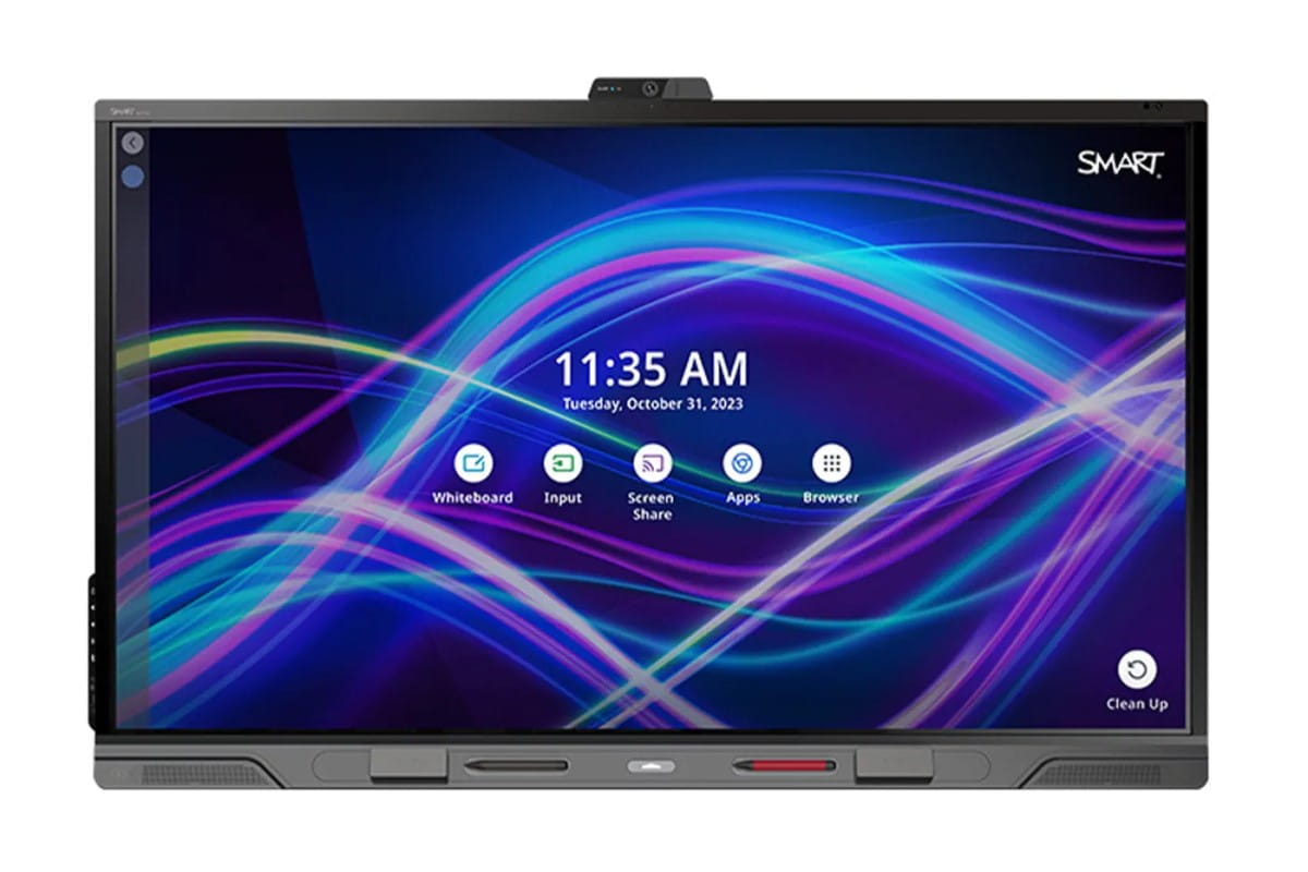 Interactive SMART Board QX Pro model with a colorful display showing the time and quick access buttons for Whiteboard, Input, Screen Share, Apps, and Browser on the screen, with visible speakers and a webcam at the top.