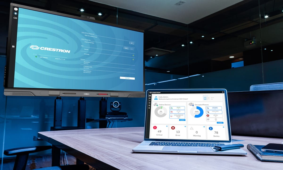 Crestron control interface on a SMART display in a modern meeting room setup, exemplifying centralized control.
