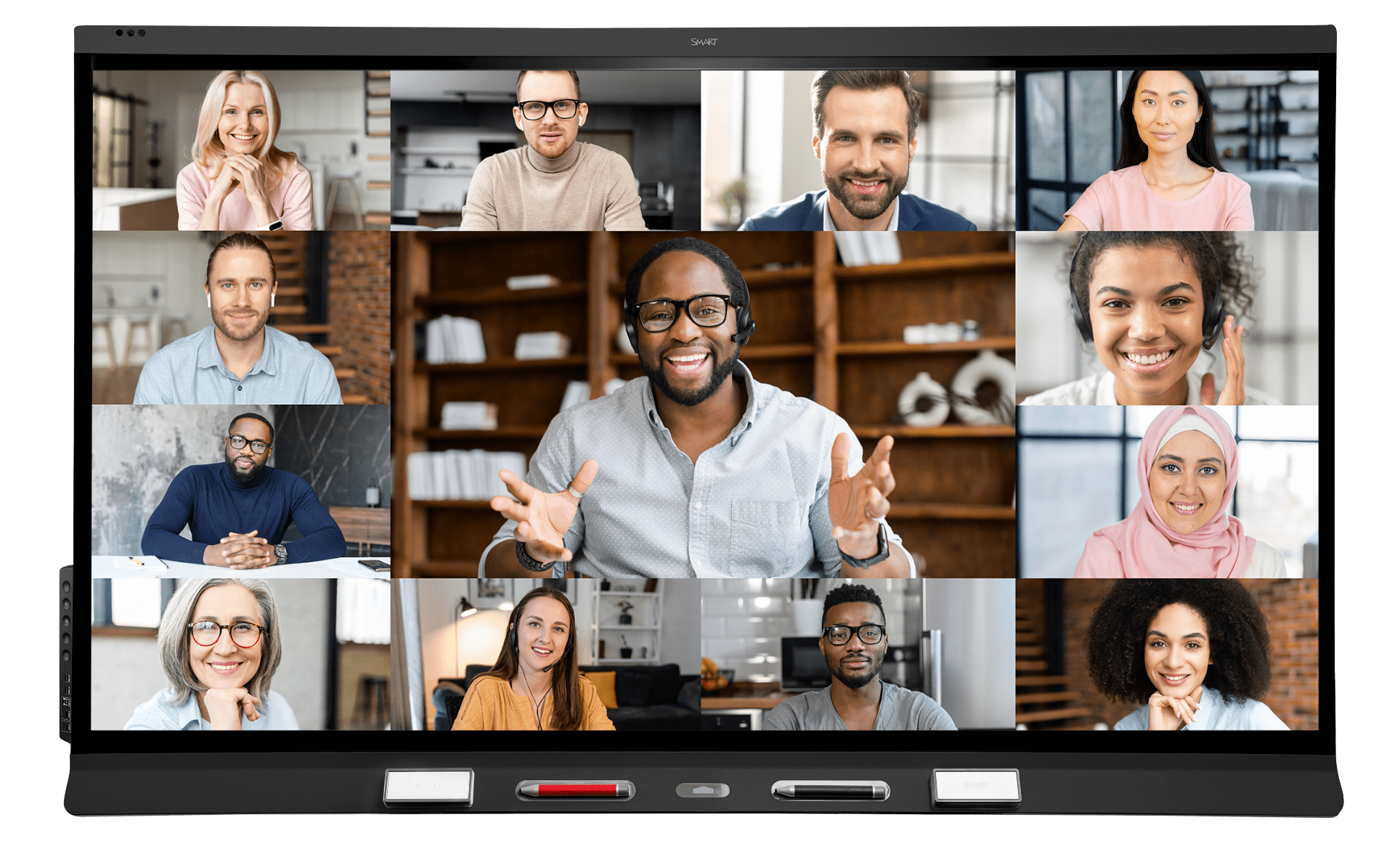 Diverse group of professionals displayed on a SMART Board during a video conference, showcasing a virtual team meeting in progress.