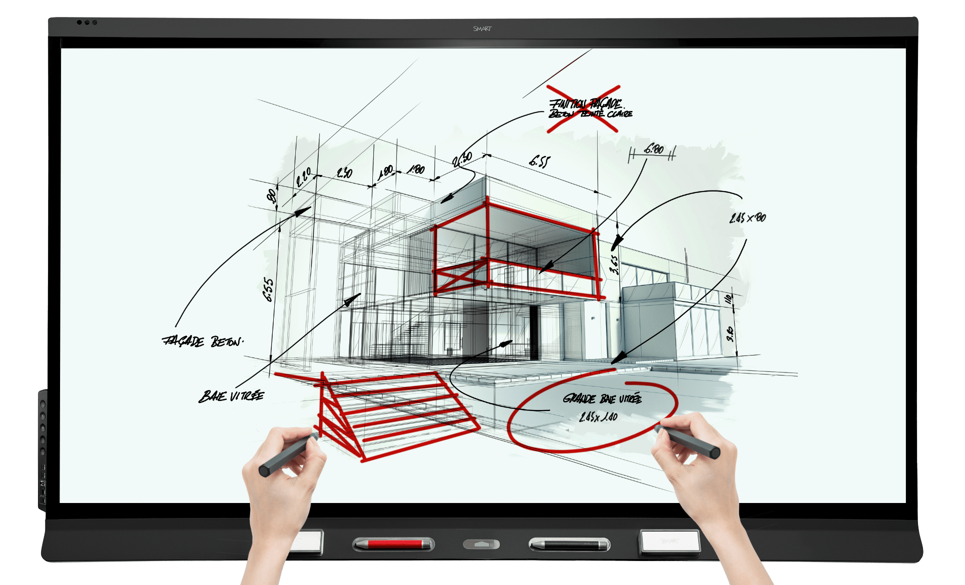 Architectural drawing on a SMART Board, showing detailed markup in real time, demonstrating the precision of SMART Ink technology.
