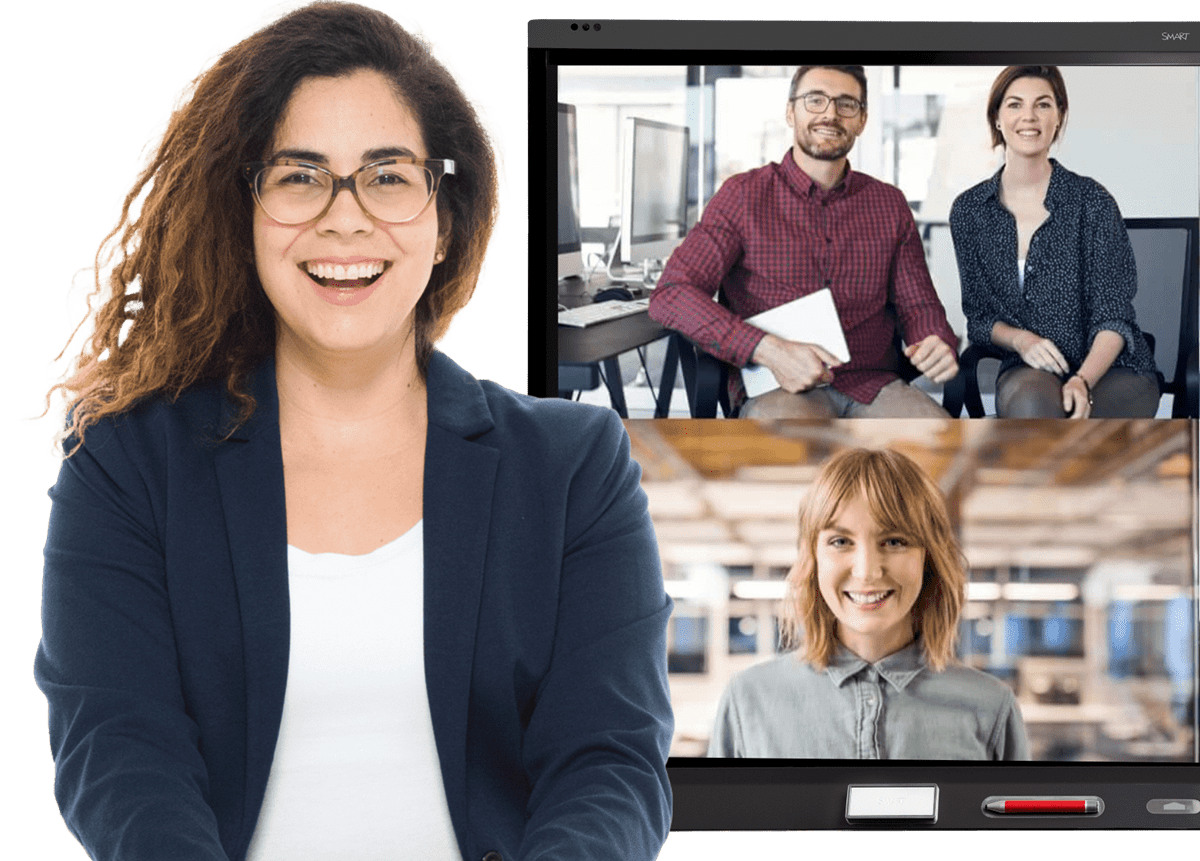Professional woman engaging with a remote team displayed on a SMART Board, symbolizing efficient business collaboration through SMART TeamWorks.