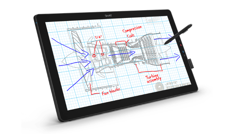 SMART Podium 624 showing an annotated engineering blueprint, designed for interactive presentations and lectures.