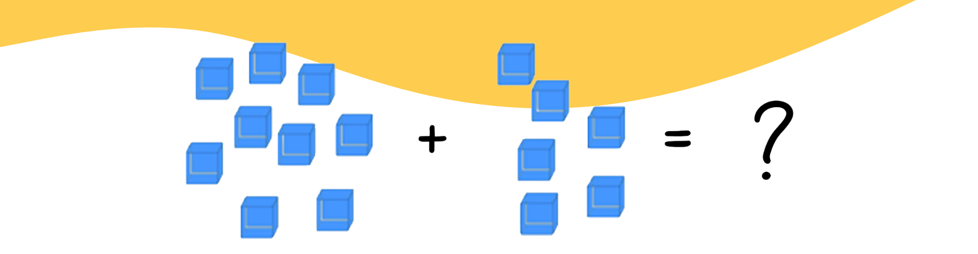 Example of digital manipulatives for math. 9 cubes, plus sign,  6 cubes, equals sign, question mark sign.