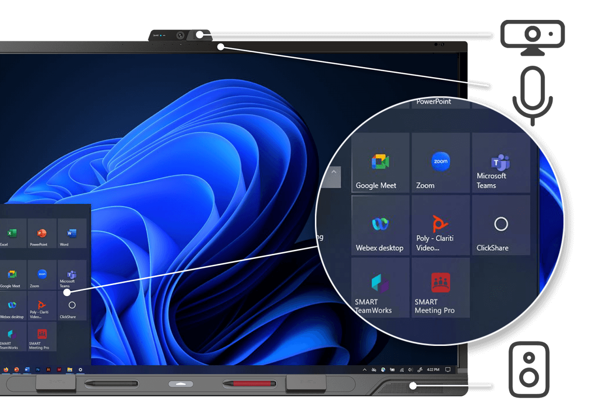 Close-up view of a QX Pro interactive display showcasing its integrated microphone array and sound bar, with a magnified view of its compatibility with various conferencing platforms like Microsoft Teams, Zoom, and Google Meet.