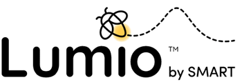 Logo of Lumio by SMART with a graphic of a stylized, abstract firefly above the brand name, symbolizing interactive and dynamic learning.