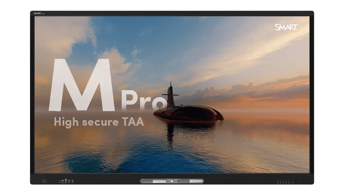 The M Pro high secure series TAA interactive display, showcasing a stunning sunset scene with a submarine in calm ocean waters.