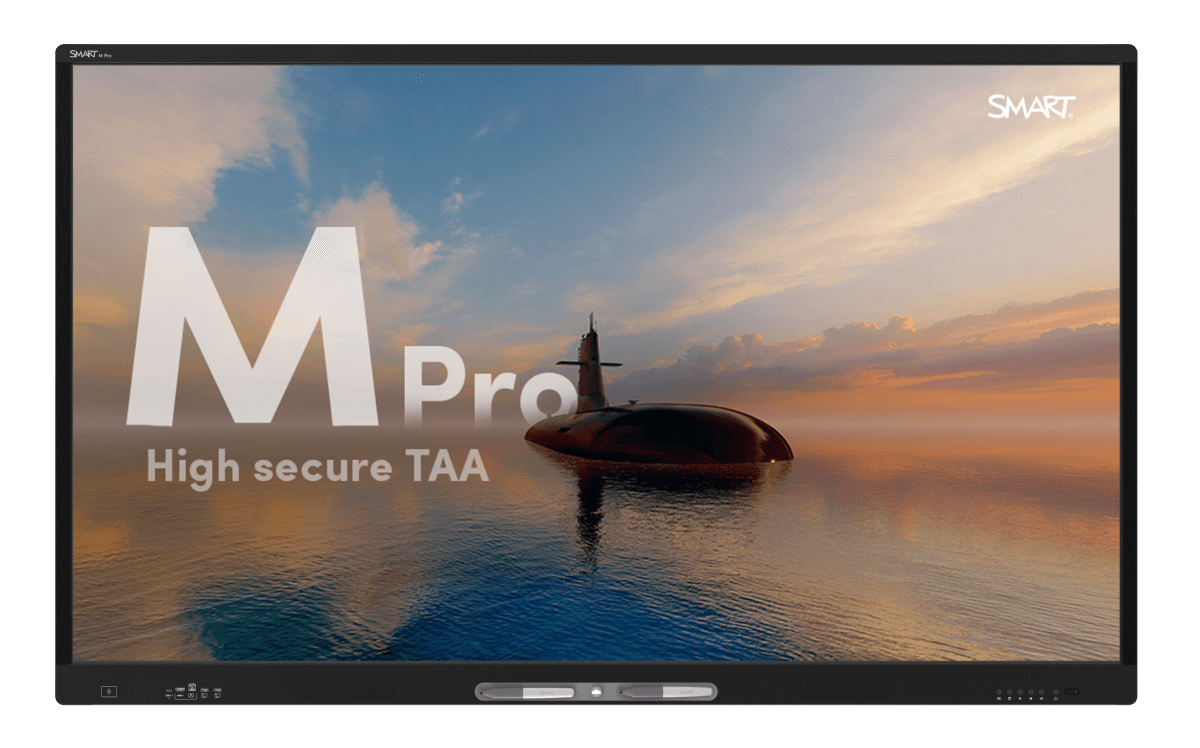 The M Pro high secure series TAA interactive display, showcasing a stunning sunset scene with a submarine in calm ocean waters.