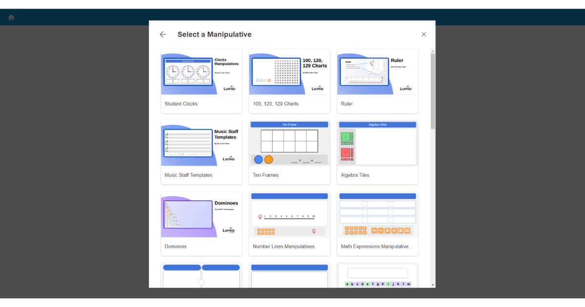 Digital interface with a variety of educational manipulatives for classroom interaction.