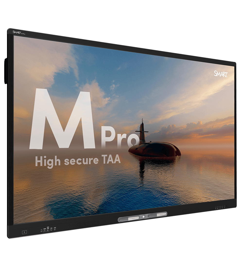 The M Pro high secure series TAA interactive display, showcasing a stunning sunset scene with a submarine in calm ocean waters.