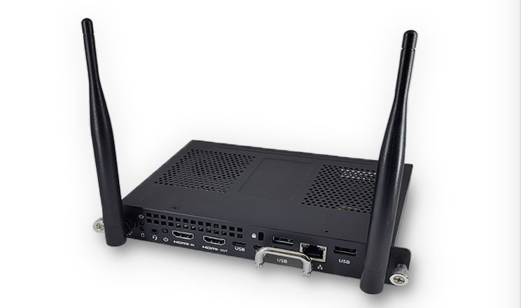 SMART Computing Module with dual antennas to add Windows 11 capability to SMART displays.