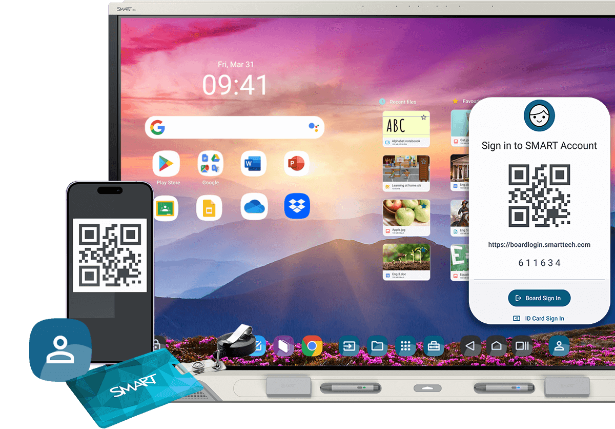 SMART Board RX series with iQ 4 displaying secure sign-in options, including QR code on a smartphone and direct screen access, emphasizing enhanced security features.