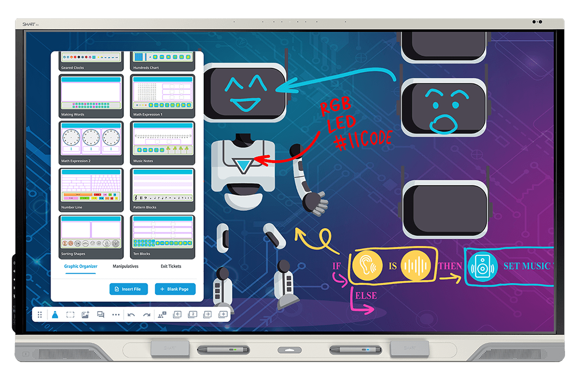 SMART Board RX series displaying colorful coding and robotics educational tools, including visual programming elements to engage students