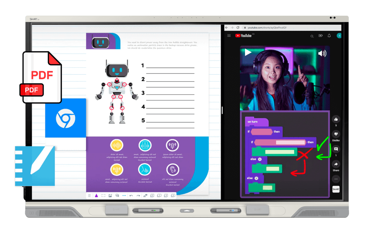 Interactive SMART Board display showing a split screen with a programming activity on the left and a YouTube coding tutorial on the right, illustrating an engaging learning experience with technology.