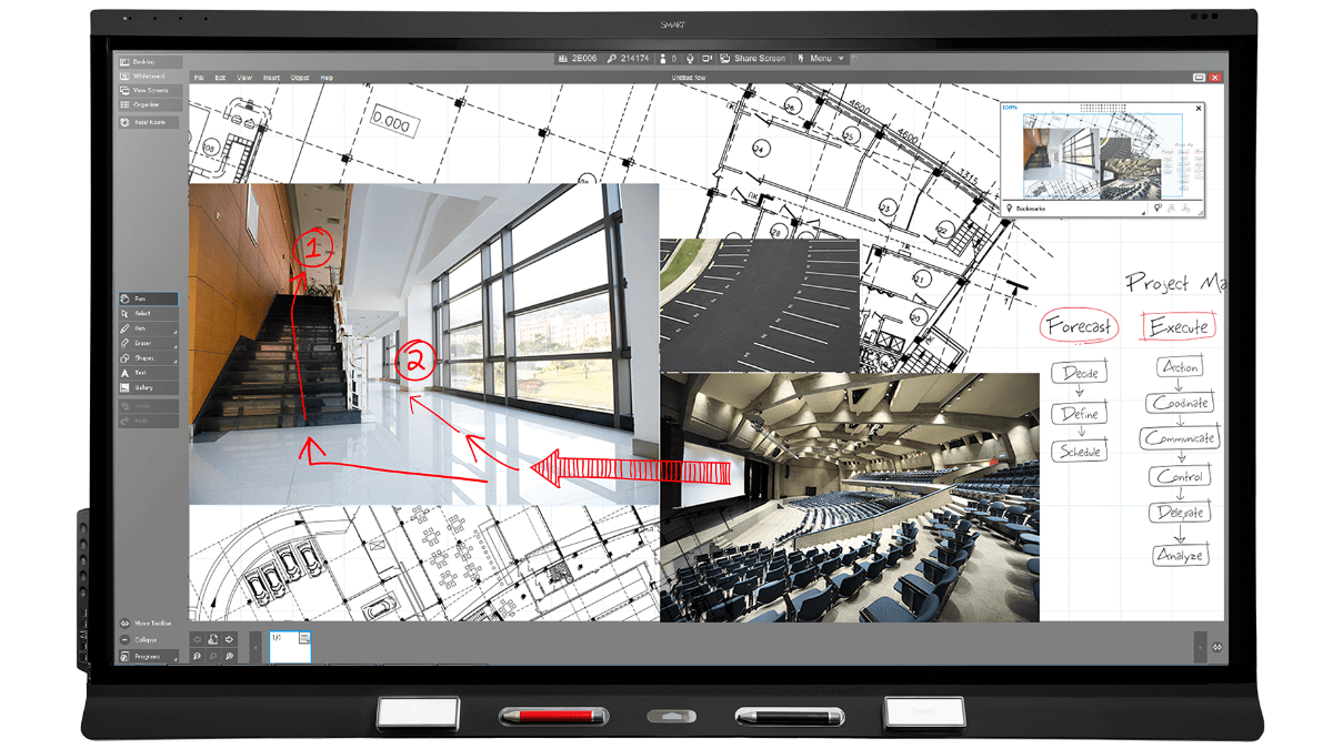 SMART Board used for architectural design collaboration with floor plans, images, and digital annotations for team projects.