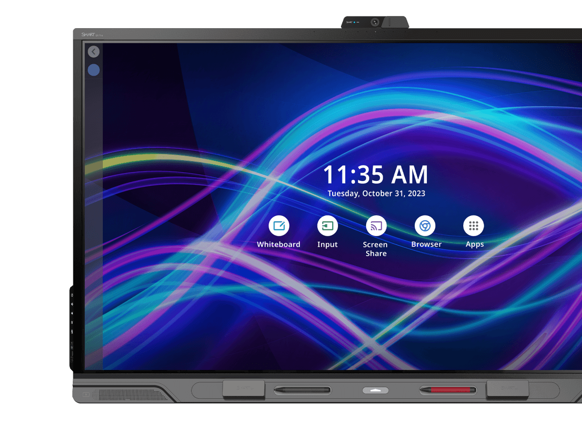 A detailed view of a SMART board's vibrant and colorful interface with various icons for whiteboard, input, screen share, browser, and apps, showcasing the board's versatile capabilities for business and education.