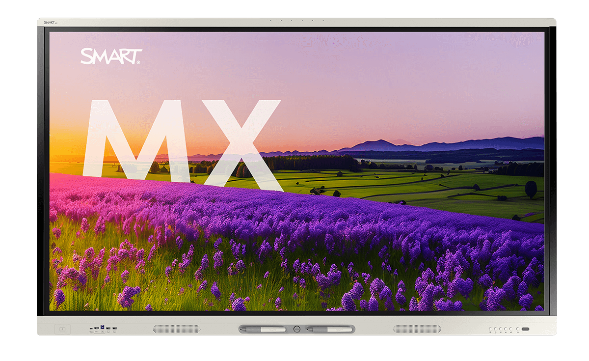 A front-facing SMART Board MX series display showing a vivid lavender field with the large white letters "MX" and a purple sunset in the background.
