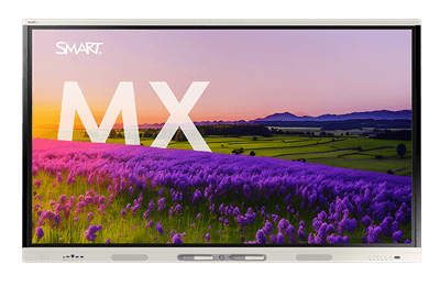 A front-facing SMART Board MX series display showing a vivid lavender field with the large white letters "MX" and a purple sunset in the background.