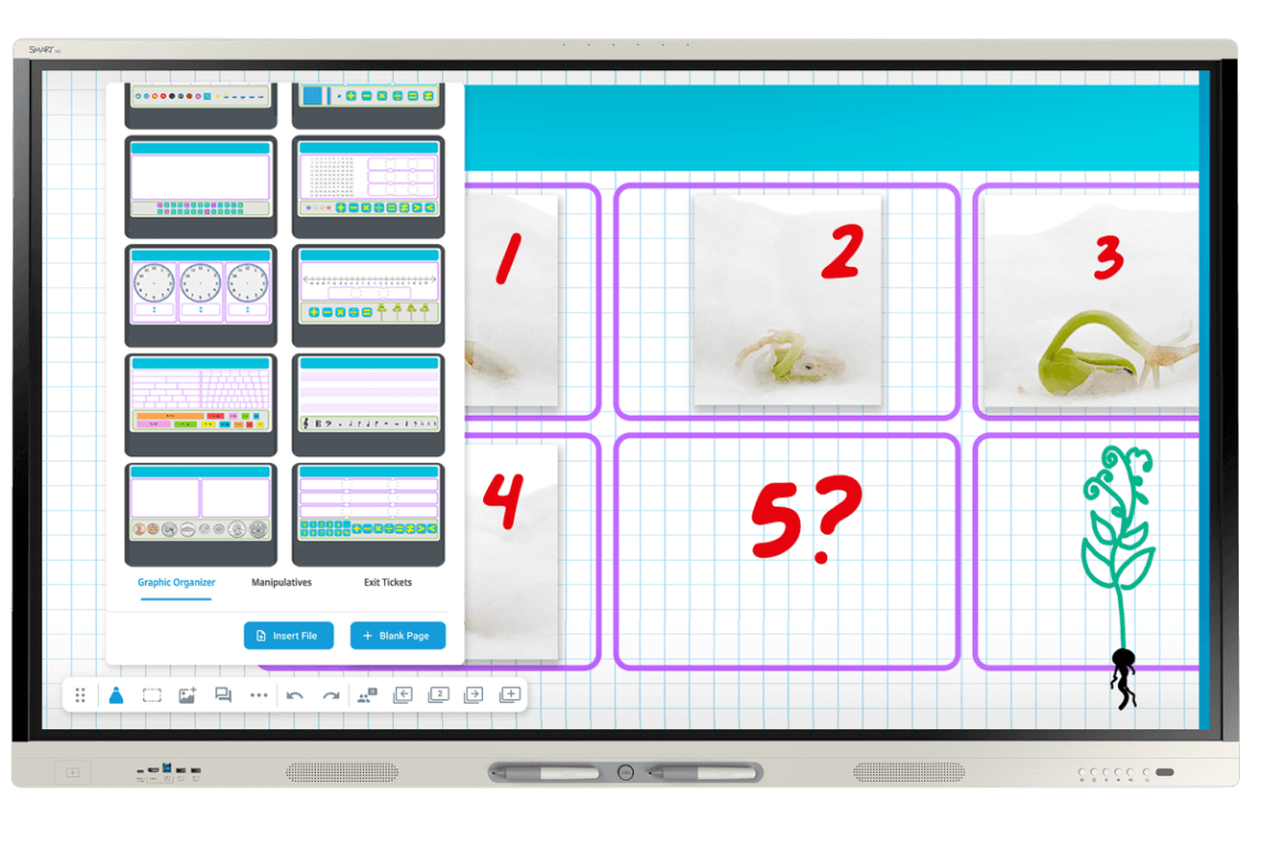 A SMART Board showcases an organized display of teaching resources, including graphic organizers and digital manipulatives, facilitating an interactive educational environment.