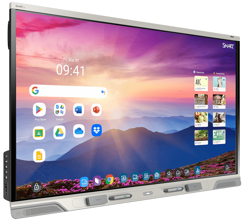 Interactive display of SMART Board RX series with a stunning mountain sunset wallpaper and a variety of educational and utility app icons.