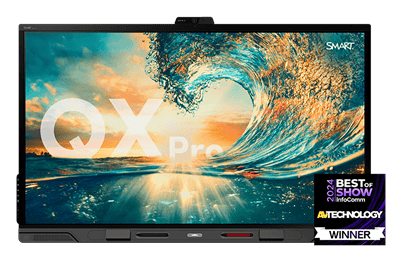 QX Pro SMART Board for business meetings, featuring a vibrant image of a cresting ocean wave under a sunset, symbolizing dynamic and powerful business solutions.
